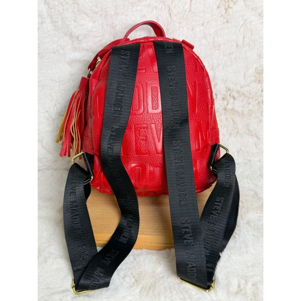 Steve Madden Red Embossed Logo Mini Backpack Gold Hardware Tassel Charm Womens